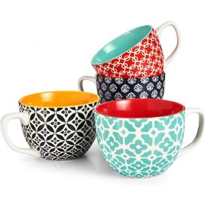 DOWAN Mosaian Soup Mugs, 24oz Large Coffee Mugs Set of 2, Soup Mugs With Handles, Ceramic Mugs for Soup/Coffee/Cereal/Latte, Thanksgiving and Christmas Gifts for Family and Friends (Vibrant Color)