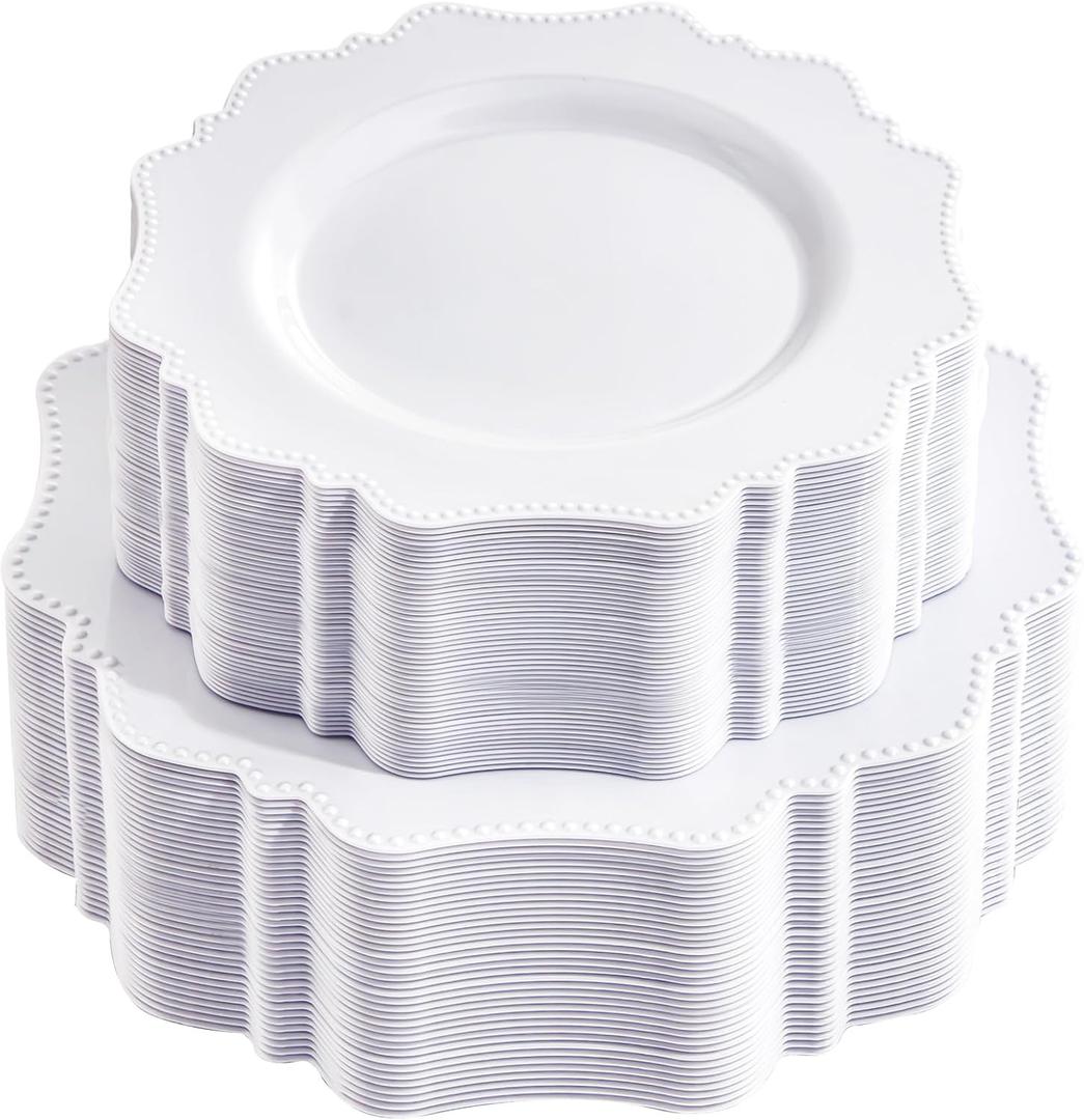 COLOSUS 100 pcs White Plastic Plates Set,Fancy Beaded Plates-European Retro plates include 50 dinner plates and 50 dessert plates,Plastic Disposable plates for BBQ and Party