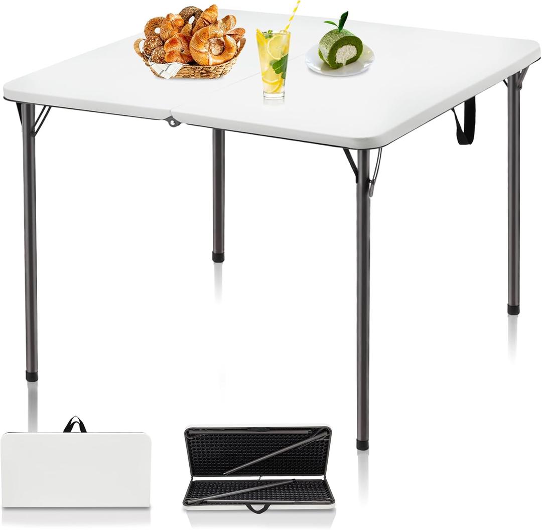 34" Folding Table, Portable Square Folding Card Table with Collapsible Legs & Carrying Handle, Plastic Tables for Camping, Picnic, Office, Party, White