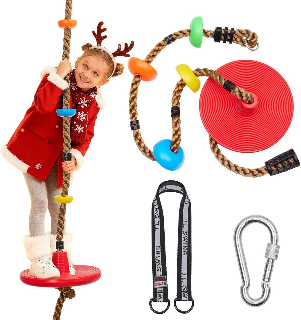 DECOR LIFE Tree Swing for Kids, Adjustable Rope Disc Swings for Outside with Platform Carabiners and Strap Outdoor, Playground Accessories, Red