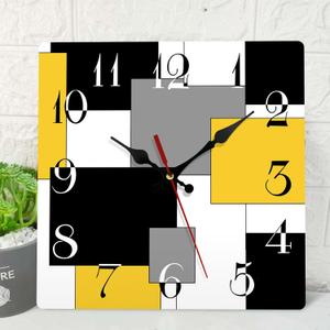 ArtSocket Wooden Wall Clock Silent Non-Ticking, Yellow Black Grey Abstract Geometric Minimalist Checkered Square Rustic Wall Clocks Decor for Home Kitchen Living Room Office(12 Inch)