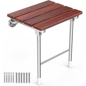 Folding Shower Seat Wall Mounted, Bathroom Bathtub Safety Stool Chair with Support Legs for Small Shower, Foldable Wall Wood Shower Bench for Seniors