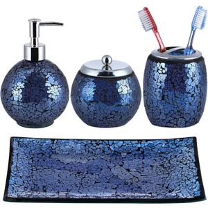 4 Pcs Mosaic Glass Bathroom Accessories Set, Modern Luxury Bath Ensemble, Includes Soap Dispenser, Cotton Swab Jar, Toothbrush Holder, Vanity Tray (Shiny Blue)