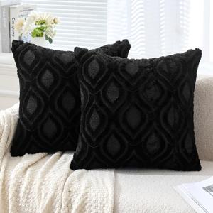 MIULEE Black Throw Pillow Covers 18x18 Inch, Soft Winter Plush Faux Wool Couch Pillow Covers Set of 2 Decorative Farmhouse Boho Throw Pillows for Sofa Living Room Bed