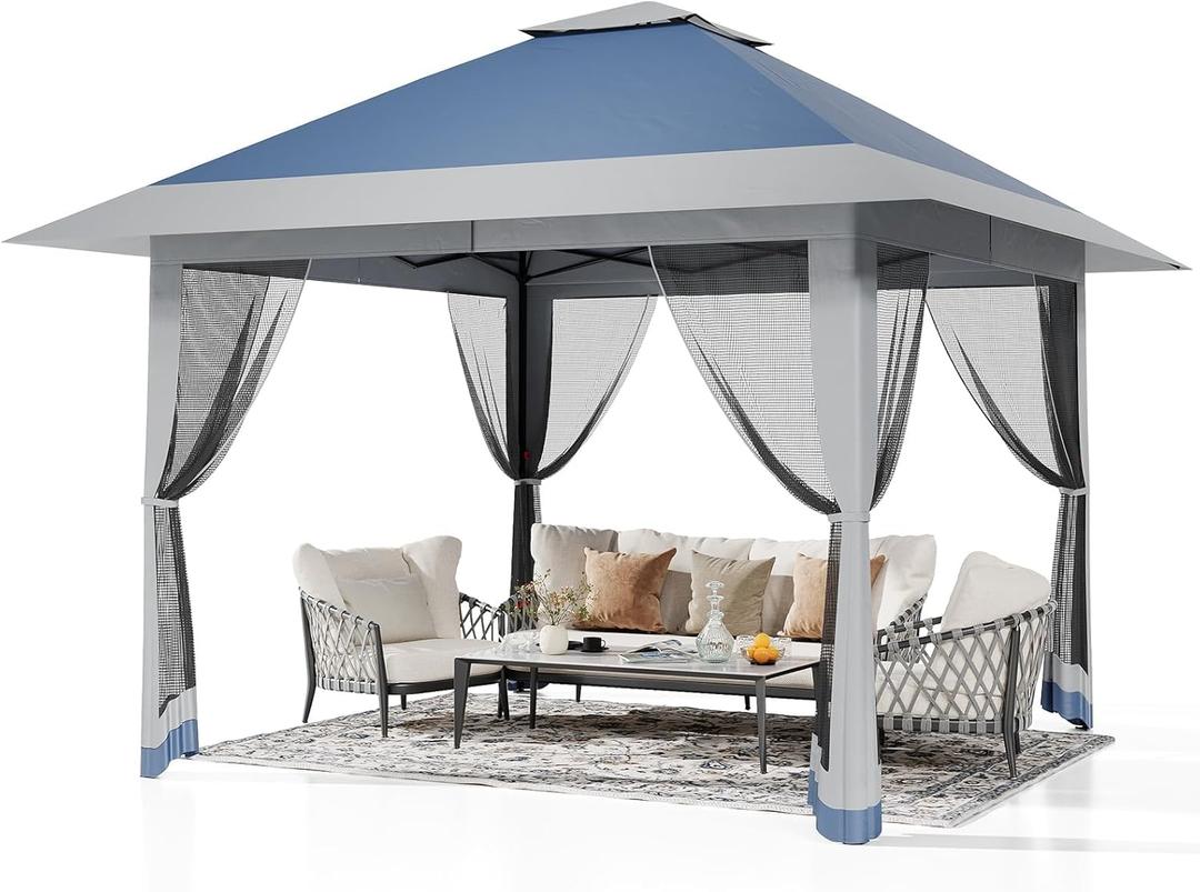 13x13ft Popup Hexagonal Gazebo with Mosquito Net, Adjustable Outdoor Hexagonal Canopy with Portable Handbag for Garden/Backyard/Patio - Gray (Navy Blue)