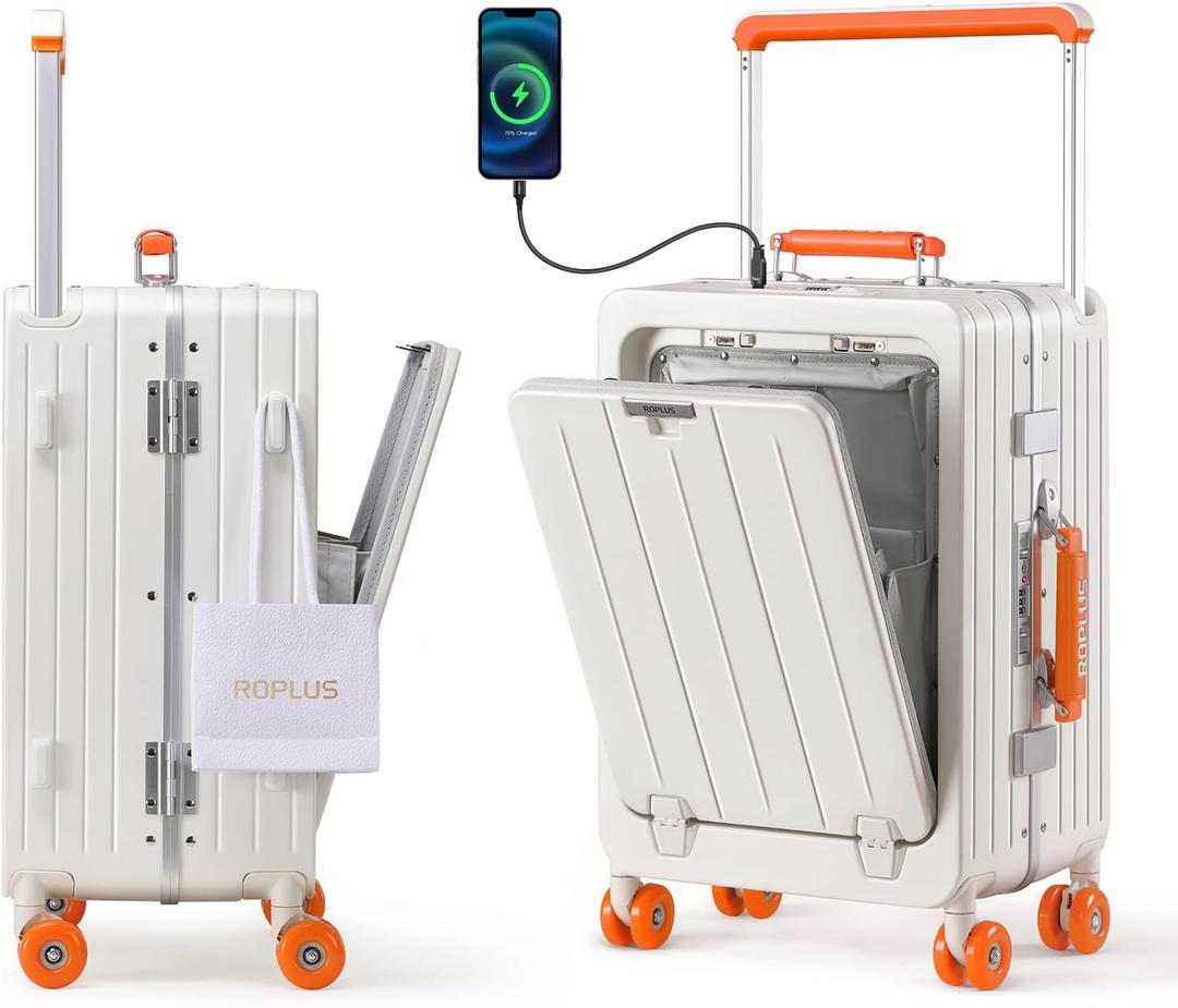 ROPLUS Zipperless Luggage with Front Cover Compartment, Aluminium Frame Checkded-In Rolling Suitcase with USB Ports, TSA Lock, Skate Wheels (WhiteOrange, 25-Inch)