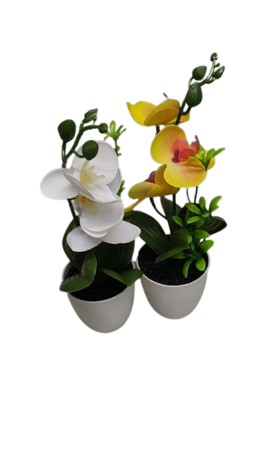 XONOR 2Pcs Artificial Orchid Flowers Mini Potted Orchid Flowers Fake Orchids with Plastic Vase for Home Office Wedding Table Centerpiece Decoration(White,Yellow)