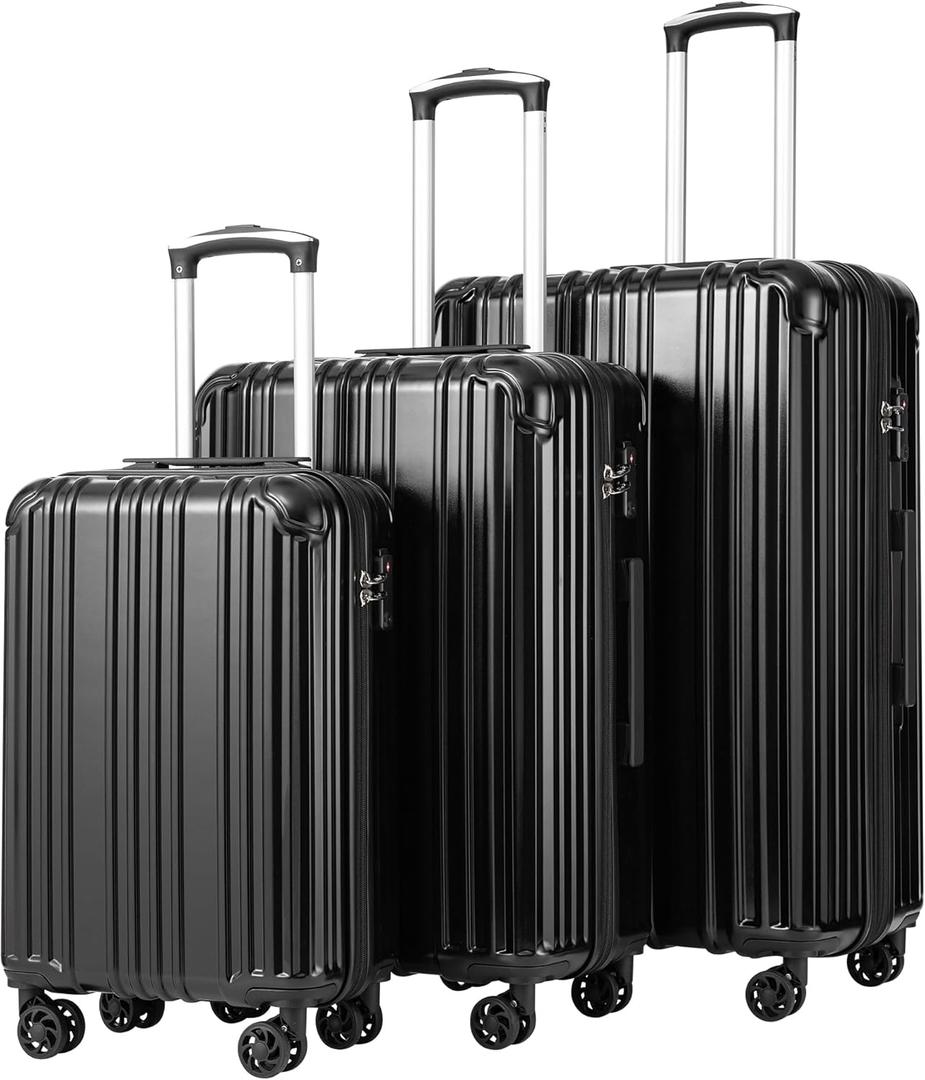 COOLIFE Luggage Expandable Suitcase PC+ABS 3 Piece Set with TSA Lock Spinner Carry on 20in24in28in(Black, 3 piece set)