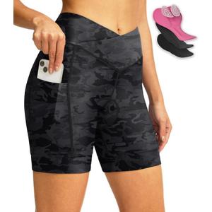 Women's Bike Shorts 4D Padded Cycling Shorts Crossover Waist Biking Shorts with Pockets Bicycle Riding (Large, Camo Black)
