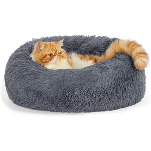 Bedsure Calming Cat Beds for Indoor Cats - Small Cat Bed Washable 20 inches, Anti-Slip Round Fluffy Plush Faux Fur Pet Bed, Fits up to 15 lbs Pets, Dark Grey