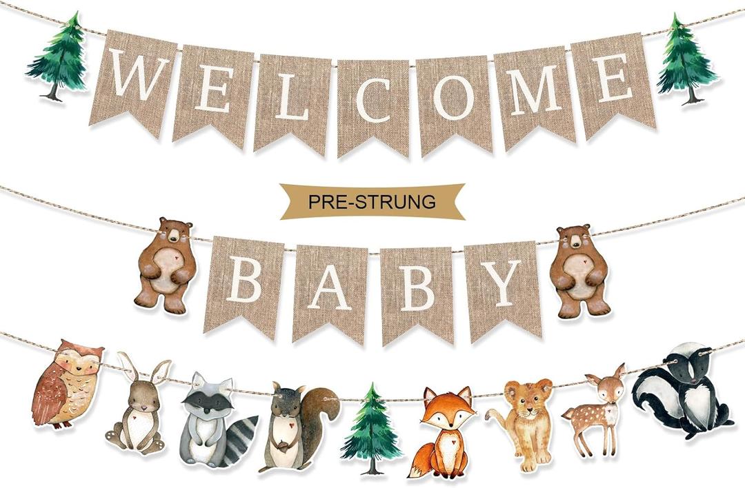 Pre-Strung 6ft Burlap Welcome Baby Banner for Woodland Baby Shower Decorations,Neutral Forest Animals Gender Reveal Party Decor, Beige