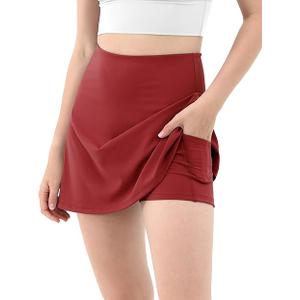 ODODOS Women's Athletic Tennis Skorts with Pockets Built-in Shorts Golf Active Skirts for Sports Running Gym Training, S, Carmine Red