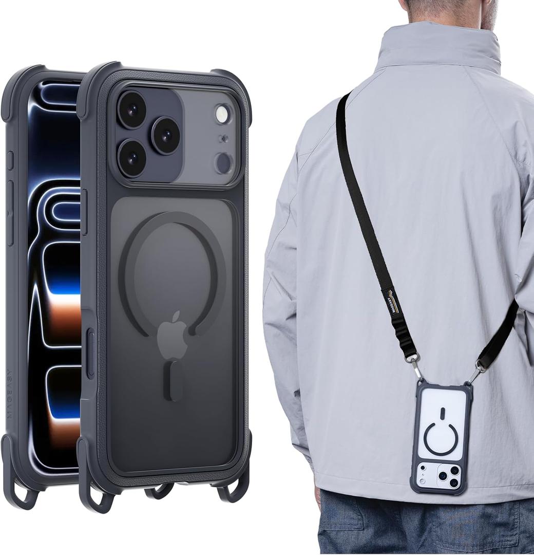 MAGEASY Compatible with iPhone 17 Pro Max 6.9" Case with Strap - 20ft Drop Protection Compatible with Mag Safe, Leather Embedded Frame | Odyssey Strap M (Leatherette Midnight)