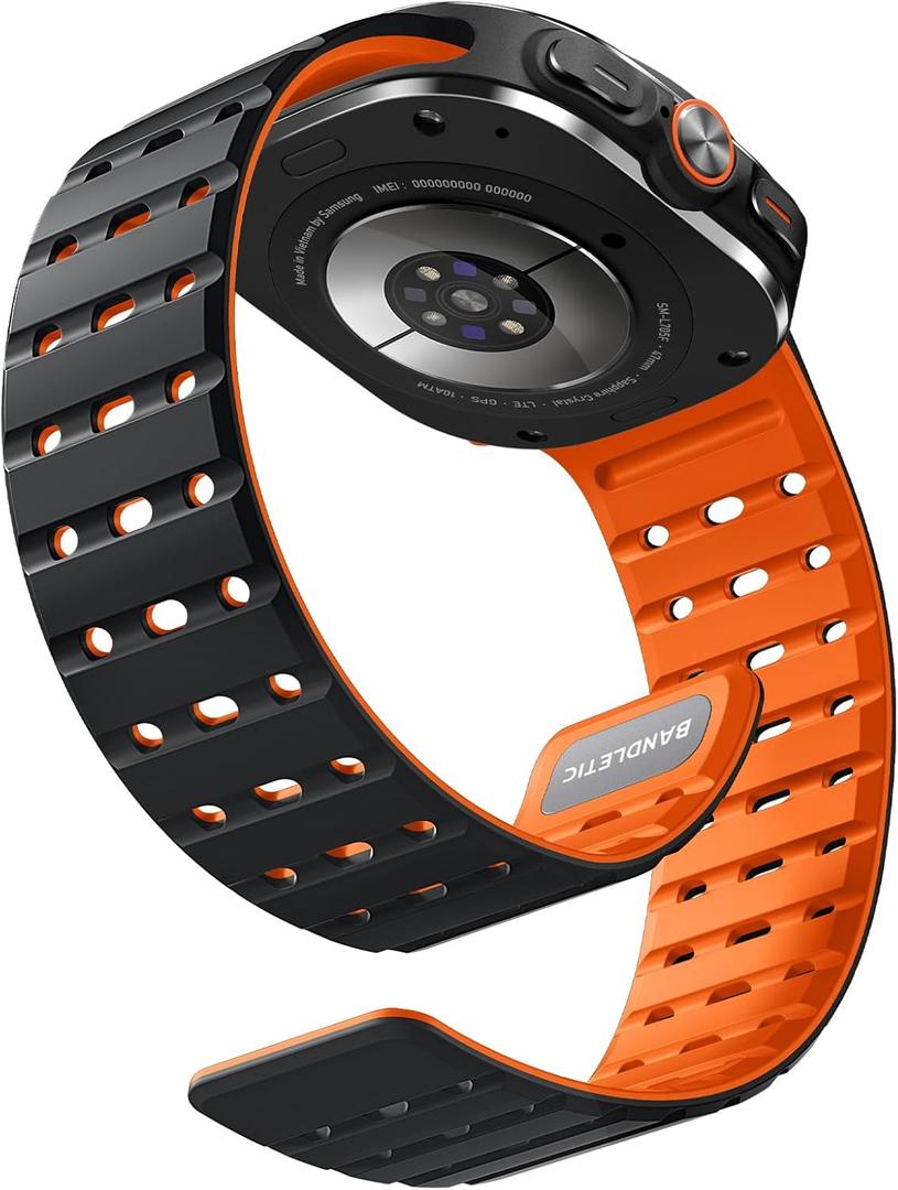 Bandletic Magnetic Sport Band Compatible with Samsung Galaxy Watch Ultra Bands (2025/2024) 47mm, Rugged Thin Soft Silicone Waterproof Strap Replacement Wristbands for Men Women, Black/Orange