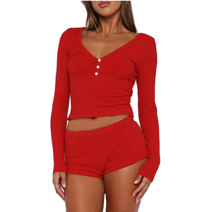 RUEWEY Womens Ribbed Knit Pajama Sets Long Sleeve Top and Shorts Matching Lounge Set PJ Set 2 Piece Outfits S