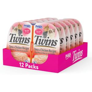 INABA Twins for Cats, Grain-Free Shredded Chicken & Broth Gele Side Dish/Complement/Topper Cups, 1.23 Ounces per Serving, 14.76 Ounces Total (12 Servings), Tuna & Chicken Recipe, Best By 02.05.26