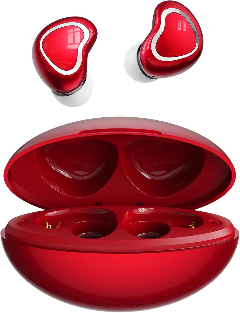 Heart Shaped Small Mini Earbuds Blue Tooth Ear Buds for Small Ears Canals Women Kids Girls, Red Cute Micro Tiny Invisible Hidden Kids Earbuds Wireless Bluetooth Headphones for iPhone Android Work