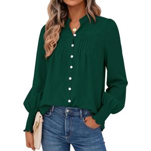 PRETTYGARDEN Fall Lantern Long Sleeve Shirts for Women 2026 Trendy Button Vneck Pullover Henley Tops Dressy Work Blouses (Dark Green,Small) (Green, S)