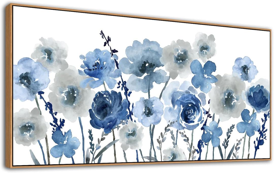 Framed Flowers Canvas Wall Art - Indigo Floral Canvas Pictures Living Room Wall Decor Botanical Canvas Prints Painting Abstract Artwork Bedroom Office Home Decor 20"x 40"