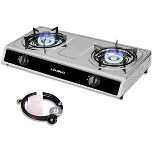 CAMPLUX 2 Burner Propane Camping Gas Stove for Outdoor Cooking, 19,600 BTU Portable Double Burner Propane Cooktop Stainless Steel with Auto Ignition, Estufa de Gas Portatil, for Patio, Camping, BBQ