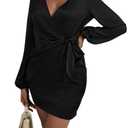 LYANER Women's Satin Silky Wrap V Neck Side Tie Waist Long Sleeve Mini Short Dress Solid Black, Size: X-Large