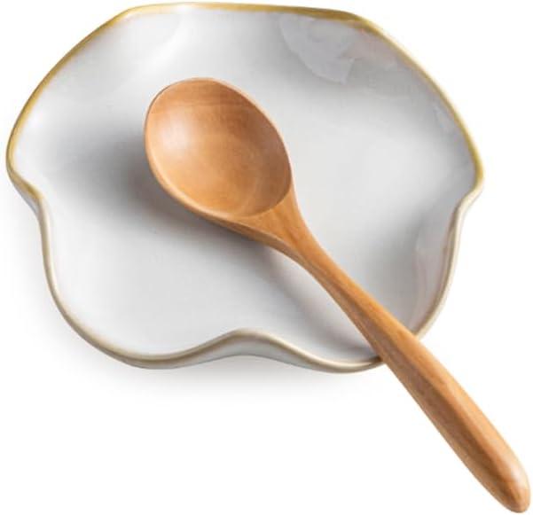 Miamolo Spoon Rest for Stove Top, Spoon Holder for Stove, 5.3In Ceramic Spoon Rest for Kitchen Counter, Coffee Spoon Holder with Ruffled Edge, Farmhouse Spatula Holder for Kitchen Decor, Beige