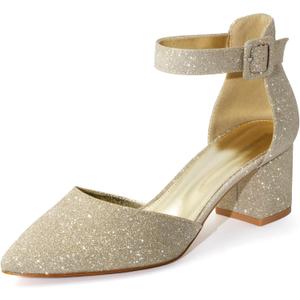Women's Low Block Heels Chunky Closed Toe Pump Shoes with Ankle Strap (8)