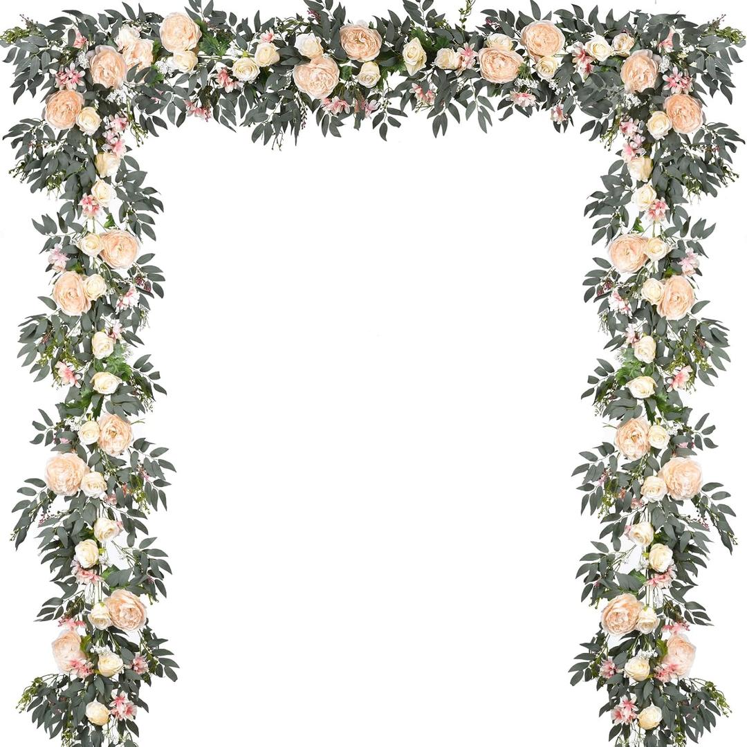 DearHouse 2Pack Artificial Peony Flower Garland - 6ft/Strand Silk Peony Flower Greenery Garland with Fake Willow Leaves for Wedding Ceremony Backdrop Party Table Centerpieces Decor(Champagne)