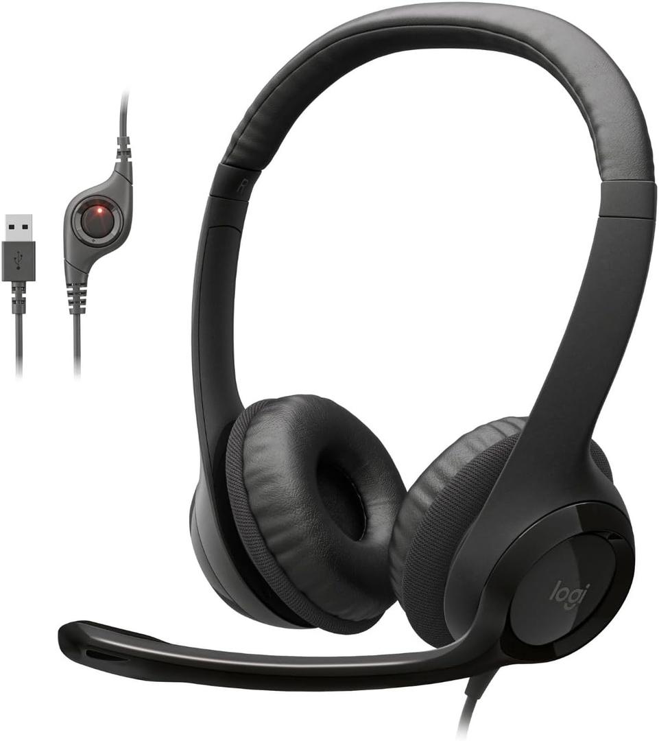 Logitech H390 Wired Headset for PC/Laptop, Stereo Headphones with Noise Cancelling Microphone, USB-A, In-Line Controls, Works with Chromebook