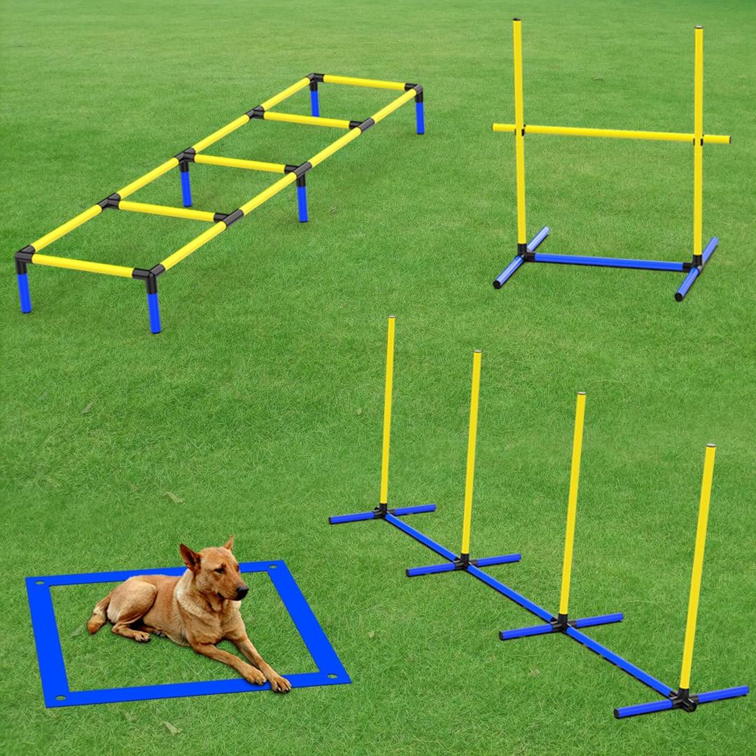 4-in-1 Dog Agility Equipment Set  Backyard Training Course -Adjustable Hurdle, Training LadderWeave Poles, Pause Box & Storage Bag - Indoor/Outdoor for Small to Large Dogs(4 Sets)