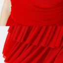 eoeoo Women's Sexy V Neck Ruffled Hem Mesh Sleeveless Ruched Spaghetti Strap Flowy Mini Dress (Red, L)