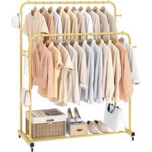 Laiensia Double Rods Garment Rack with Wheels, Clothing Rack for Hanging Clothes,4 Hooks, Multi-Functional Bedroom Clothes Rack, Gold