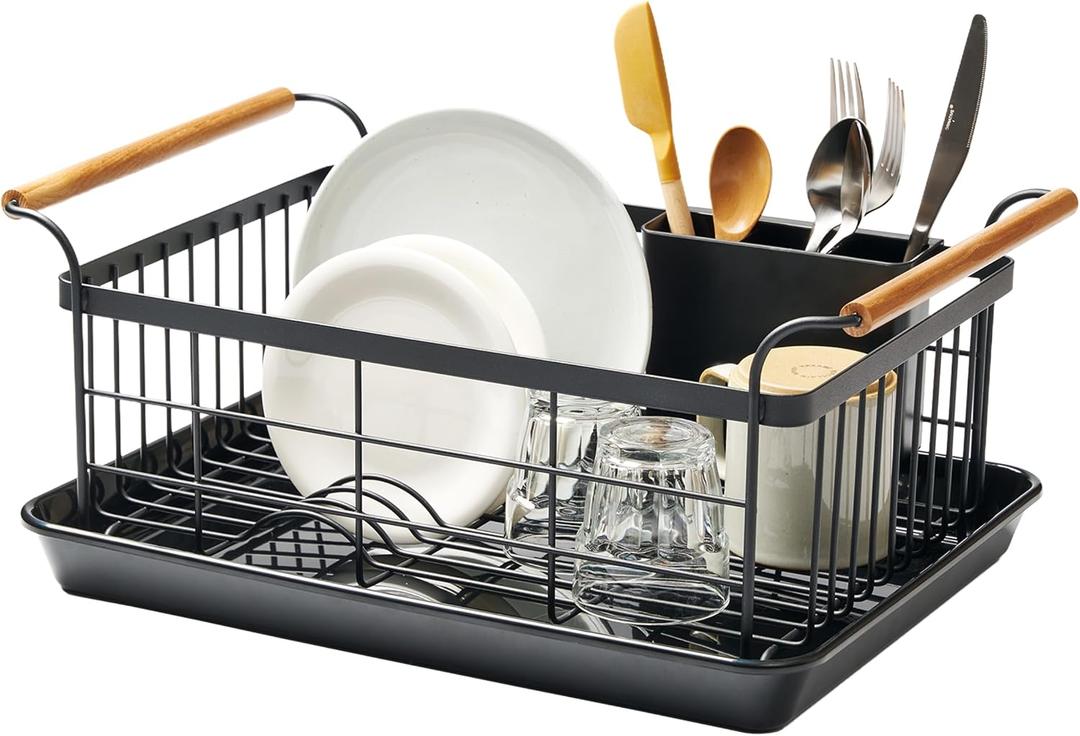 YAMAZAKI Home Dish Drying Rack – Modern Black Dish Rack for Kitchen Counter with Removable Drainer Tray and Cutlery Holder, Steel + Wood Dish Drying Organizer, Small Space-Saving Design, 13.2 x 18.5 x 7.9 inches