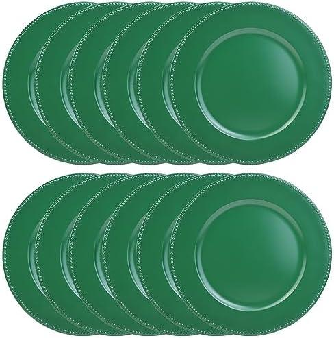 Leemxiiny Set of 12 Green Charger Plates with Beaded. 13" Reusable Plastic Table Chargers for Dinner Plates