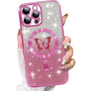 Fiyart Designed for iPhone 16 Pro Max Case,Compatible with MagSafe Plating Camera Protection Butterflies Phone Cover, Magnetic Glitter for Women Girls Shockproof Bumper 6.7"-Rose Purple