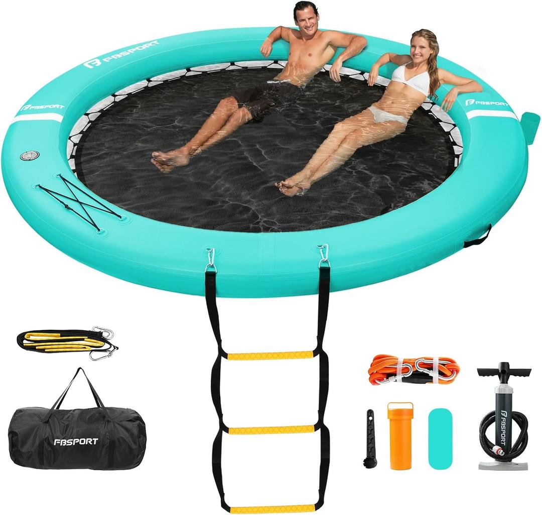 FBSPORT Inflatable Dock Floating Platform, Inflatable Water Hammock Floating Deck for Lake W/Cupholder, Round Floating Ring Sunchill Float Ring, Pool Float Raft Lounger Island Platform Pad (Mint Green)