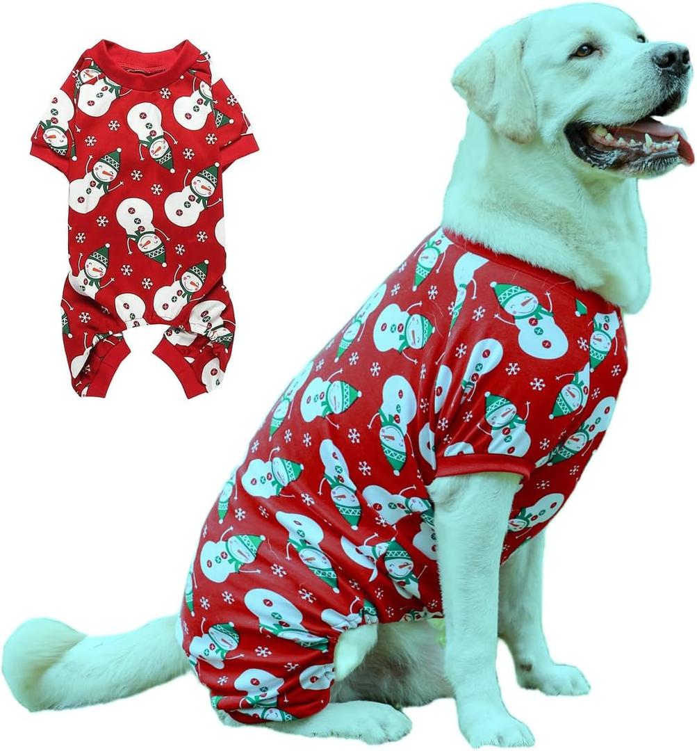 Lanyarco Snowman Dog Christmas Pajamas Xmas Cotton Pet Jumpshit Christmas Onesie PJS for Large Dogs, Back 23" XLarge Red (X-Large (47-70lbs) Back 23" Chest 28-34")