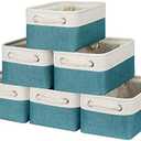 Bidtakay Fabric Baskets for Organizing Closet Set of 6 Small Storage Bins 11.8 X 7.8 X 5 Inches Decorative Storage Baskets for Shelves Foldable Bins for Cube Organizer Rectangular(White&Teal Blue)