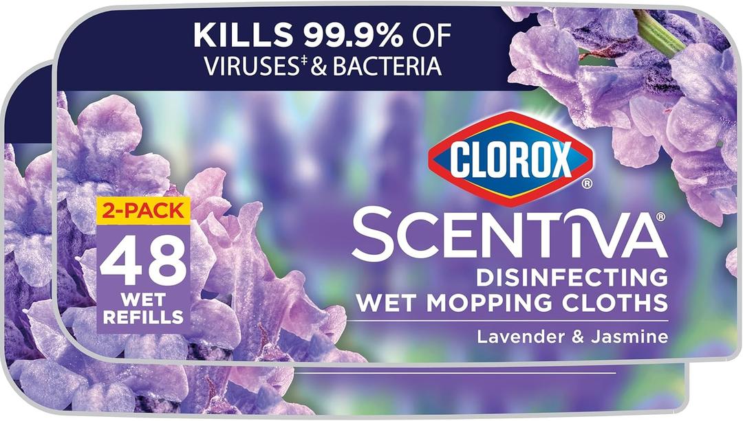 Clorox Scentiva Disinfecting Wet Mop Pad, Disposable Mop Heads, Multi-Surface Floor Wipes, Lavender and Jasmine, 2 Packs, 24 Wet Refills Per Pack