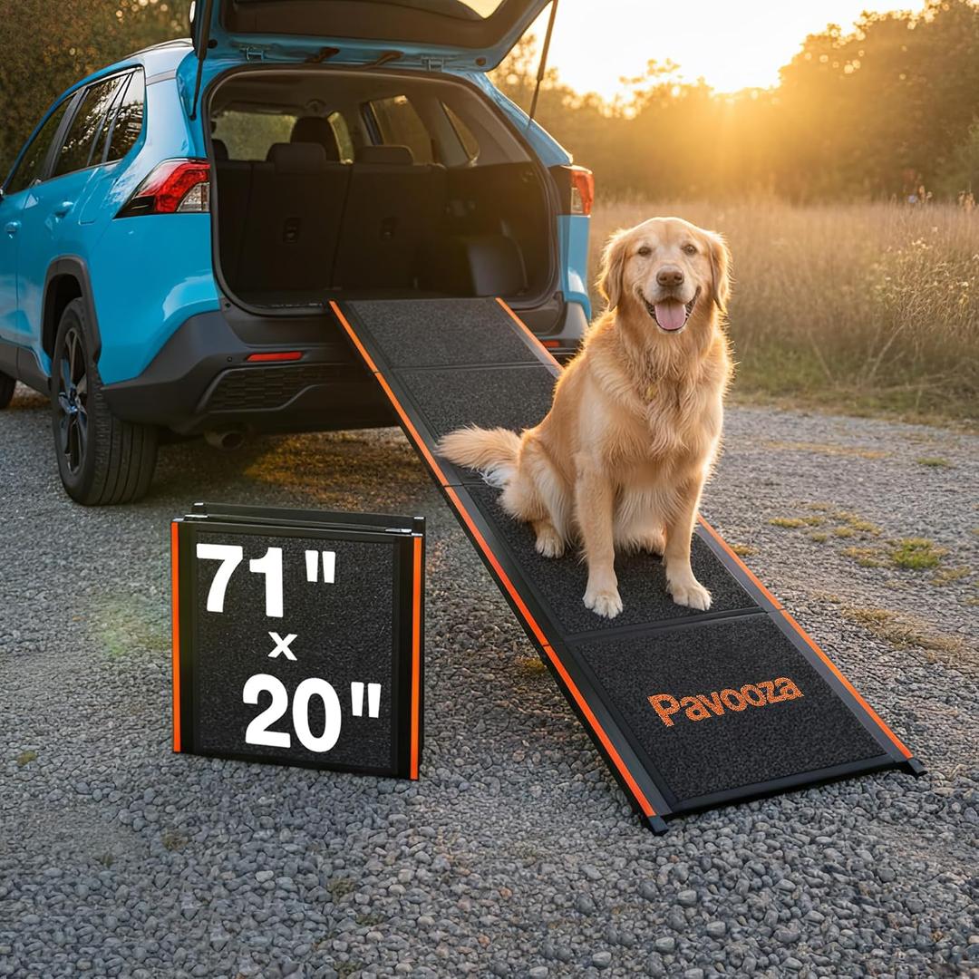 71"×20" Extra Wide Dog Ramp for Car, SUV & Truck – Folding Aluminum Pet Ramps for Large Dogs up to 250 lbs, Non-Slip Surface & Glow Edges, Foldable Portable Ramp for Side Door or Porch Steps