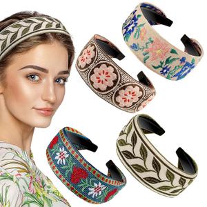 EBOOT 4 Pieces Boho Headband for Women Embroidery Wide Hair Band Bohemia Floral Knotted Wide Headbands Vintage Ethnic Style Girls Accessories(Delicate Pattern)