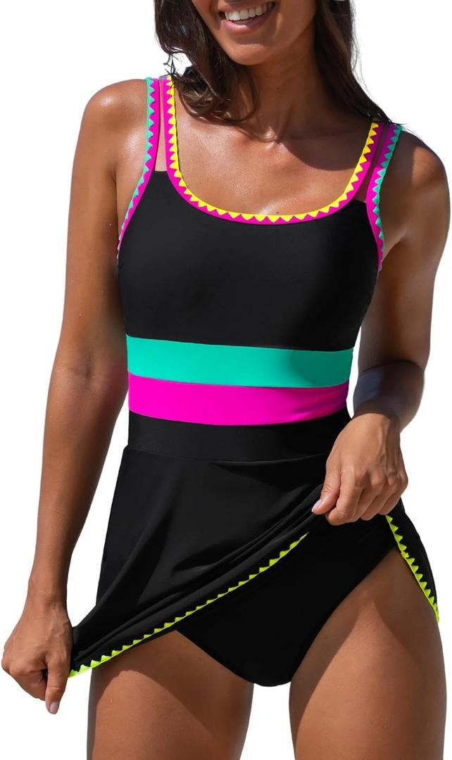 popvil Women One Piece Swimsuit 2026 Tummy Control Bathing Suit Neon Modest Swim Dress with Skirt Full Coverage (Black, L)