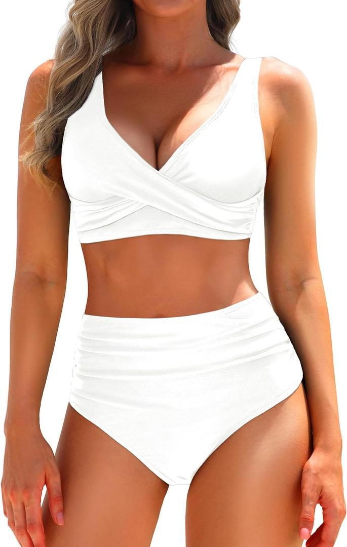 Yonique Women's Two Piece High Waisted Bikini Set Tummy Control Swimsuit Full Coverage Bathing Suit (Medium, White)