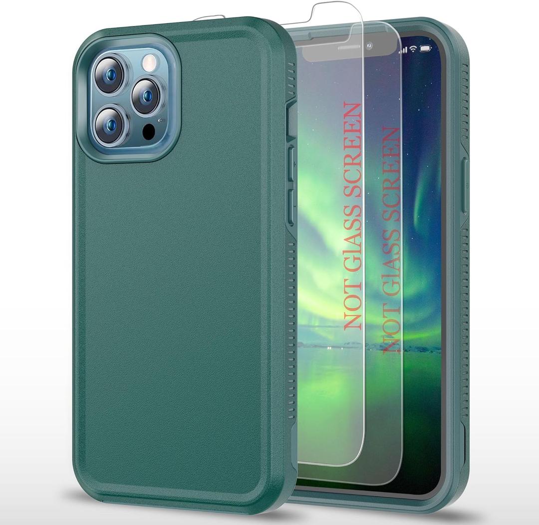 for iPhone 13 Pro Case, [15 FT Military Grade Drop Protection] 2 Pack [Self-Healing Screen Protectors] Heavy Duty Shockproof Case,Dark Green