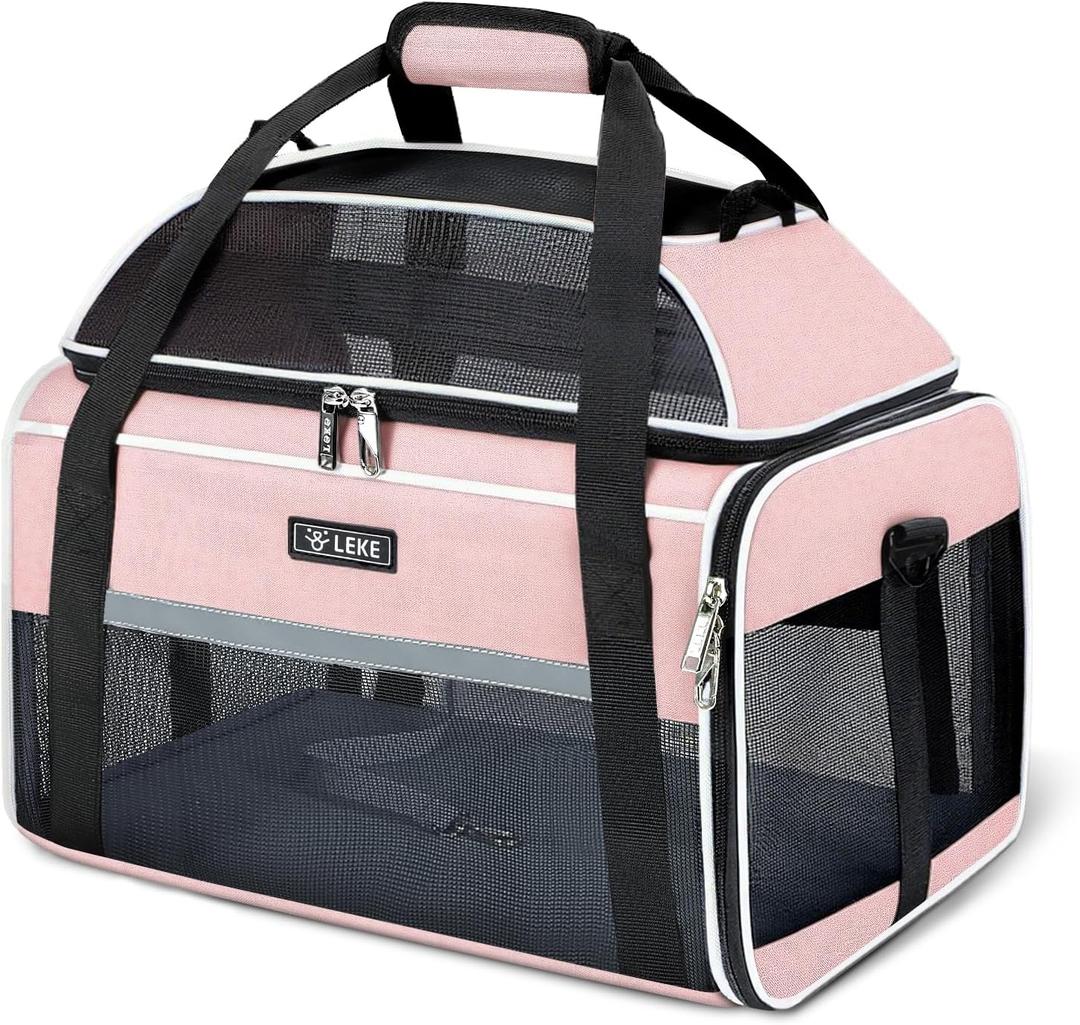 Lekereise Top-Expandable Pet Carrier 18x13x9.5 Inch Southwest Frontier Airline Approved Soft Sided Underseat to 15lbs Travel Carriers for Small Cats Dogs with Locking Safety Zippers Anti-Scratch Mesh (Pink)