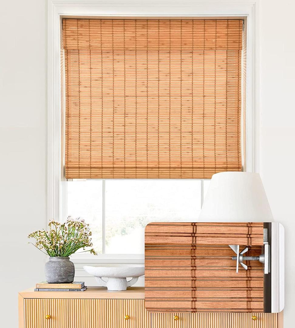 LazBlinds No Tools No Drill Cordless Bamboo Roman Shades, Light Filtering Window Treatment, Roll Up Bamboo Blinds for Windows 44'' W x 64'' H, Wood
