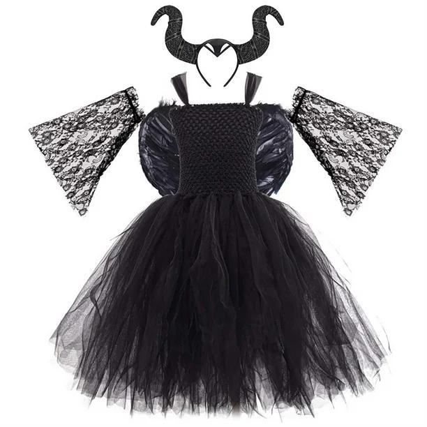 Kids Girls Witch Costume Handmade Knitted Tulle Dress Evil Queen Dress Up Costume for Halloween Carnival Cosplay 3 XL