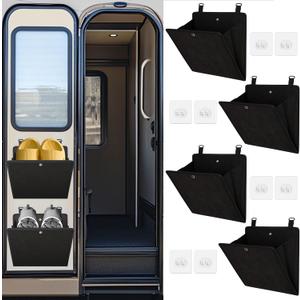 PUGPIU RV Camper Shoe Storage 4 Pack - Foldable Wall Mounted Shoe Rack Organizer - Self-Adhesive Rv Shoe Holder - Space Saving for Camper Essential Home Travel with Deep Pocket Fit 1 Pair Shoes, Black