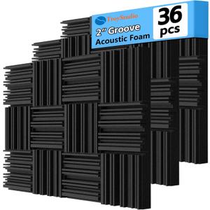 TroyStudio Thick Acoustic Foam Panels, 12 X 12 X 2 Inch 36 Pcs Broadband Sound Absorbing Foam, Dense Soundproof Padding Tile, Recording Studio Foam Absorber, Groove Decorative 3D Wall Ceiling Panel, 2'' Thickness, 36 Pcs