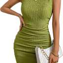 2 x MITILLY Women Summer Formal Wedding Guest Dress Elegant Sleeveless Tank Ruched Bodycon Mini Dress with Slit (Green, L)